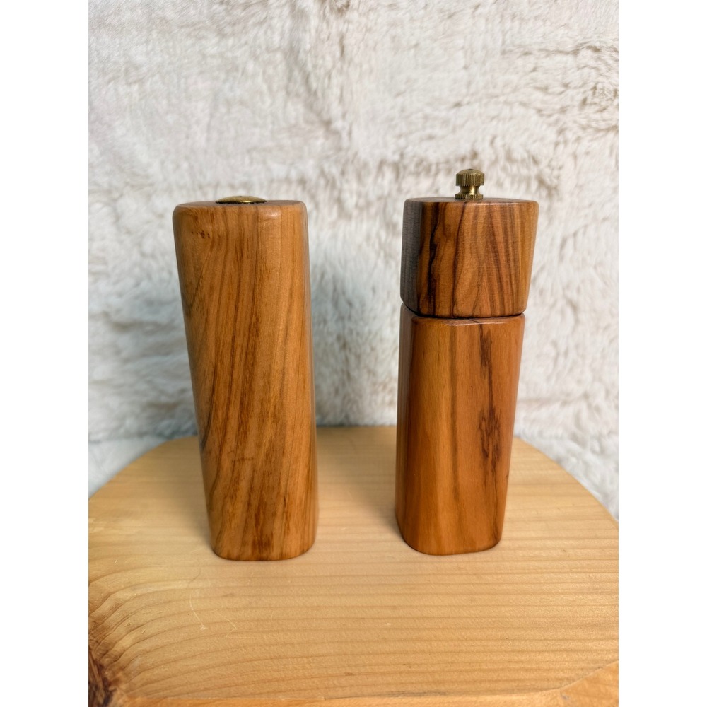 Olive Wood Salt Shaker and Pepper Mill Set Brass Hardware Handcrafted Woodware
